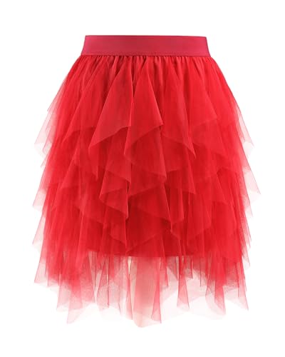 TRIWORKS Roter Tüllrock Damen Hohe Taille Layered Puffy Tüll Rock Damen A-Linie Midirock für Party Halloween Karneval L