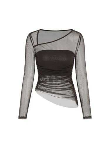 CIDER Going Out Tops Mesh Long Sleeve Top Asymmetrical Neck Sheer Fitted Blouse Tee Crew Neck Tops