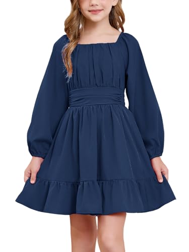Girls Long Sleeve Dress with Ruffles Square Neck Tie Back Girls