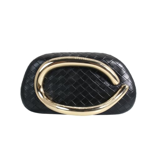 Image of Women Woven PU Leather Clutch Box Metal Handle Evening Bag Trendy Leather Handbag Weave Shoulder Purse for Causal