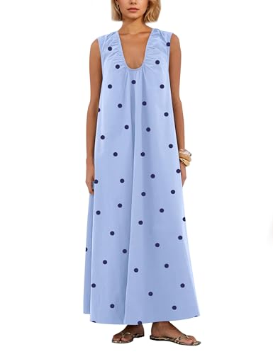 Image of Livtany Women's Scoop Neck Ruched Maxi Dress Flowy Swing Wide Straps Long Dress Casual Sleeveless Sundress with Side Pockets