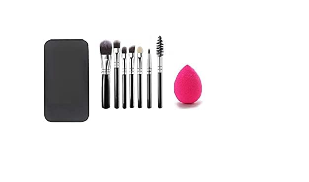 MISS & MAM Hilary Rhoda Makeup Brush Set of 7 with Storage Box with Sponge Puff (Colour May Vary)