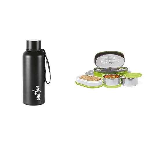 Image of Milton Aura 750 Thermosteel Bottle, 750 ml, Black & MILTON Executive Insulated Lunch Box (2 Container, 280 ml Each; 1 Microwave Safe Container, 450 ml), Green