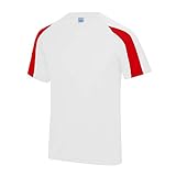 Just Cool Mens Contrast Cool Sports Plain T-Shirt (2XL) (Arctic White/Fire Red)