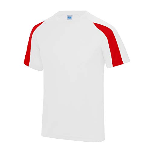 Just Cool Mens Contrast Cool Sports Plain T-Shirt (2XL) (Arctic White/Fire Red)