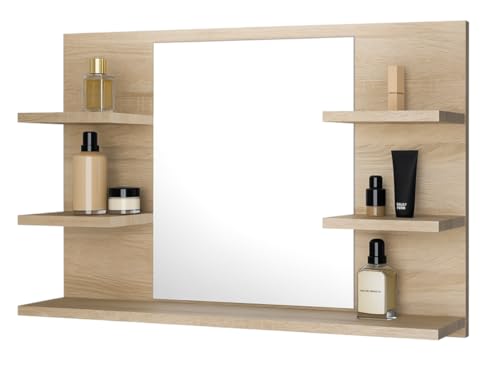 Miroir de Salle de Bain avec 5 étagères, uspendu - Mural, pour Le Couloir, pour la Chambre, pour la Salle de Bain, Chêne Sonoma, 80X50 cm.