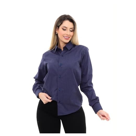 Camisa Social Feminina Premium Tipo Linho Executiva Estruturada Manga Longa Azul Marinho G