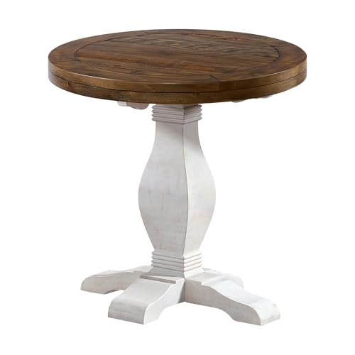 Napa Solid Wood Farmhouse Rustic Reclaimed Natural and White Stain Round End Side Accent Living Room Table, Nightstand Bedside 26" W x 26" D x 25" H