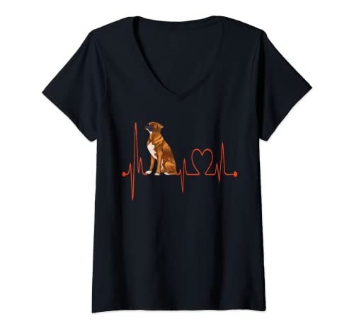 Mujer Electrocardiograma del latido del corazón de un perro bóxer, divertido, mis perros son mis ejercicios cardiovasculares Camiseta Cuello V