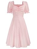 Cottagecore Dress for Women Puff Short Sleeve Vintage Cocktail Swing Dress Pink, M