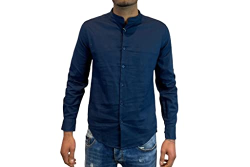 CAMICIA STILL Camicia Collo Coreana Scollo Coreano Lino Cotone Vari Colori Primavera Estate Leggera Fresca Slim Fit Moda New Elegante Tinta Unita Manica Lunga S M L XL XXL Aderente Art MLCORU (S, Blu)