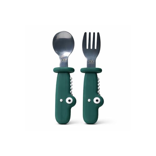 Image of Baby Spoon and Fork Set, Green Stainless Steel & Silicone Toddler Cutlery Set with Dinosaur Case, 2 Pc, Self Feeding Utensils for Baby Meals School and Travel, Mealtime Essential