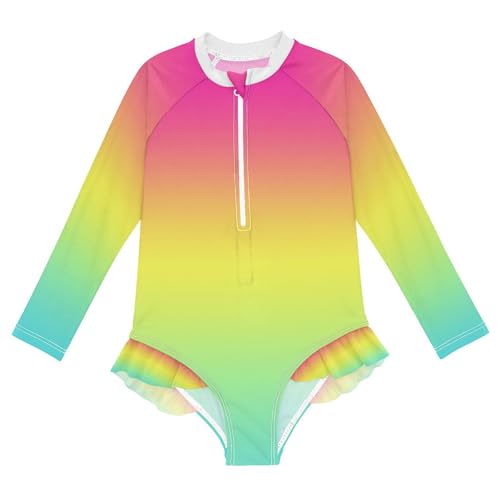 Soft Red Yellow Cyan Baby Girl Bathing Suit Long Sleeve UPF 50+ One Piece Toddler Swimsuit Size 11-12Y