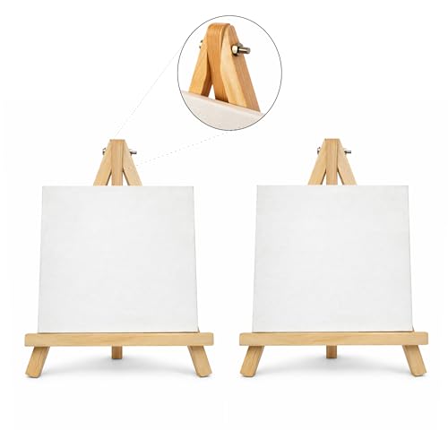 Image of 10 inch Inch Wooden Easel Stand with 6 inch Canvas - Premium Pine Wood Build | Smooth Rounded Top Finish | Rust-Free Brass Hinges | Tabletop Display for Canvas, Photos & Cards (1)