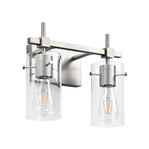 Image of SOLFART 2 Light Wall Scone Vintage Vanity Light Fixtures Brushed Nickel Wall Light for Bathroom Lights Over Mirror with Glass Shade Light Fixtures (Exclude Bulb)