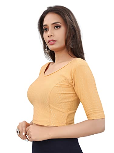 Image of Round Neck Dobby Cotton Lycra Stretchable Elbow Sleeve Readymade Saree Blouse for Women Stylish