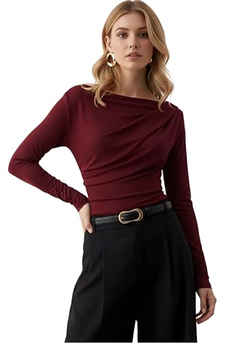 Image of SIGHTBOMB SOFTLINE Asymmetric Boat Neck FRONTFLOW Gathered Waterfall Afford LUX Edition Formal WEAR Long Sleeve Feather Touch TOP for Women