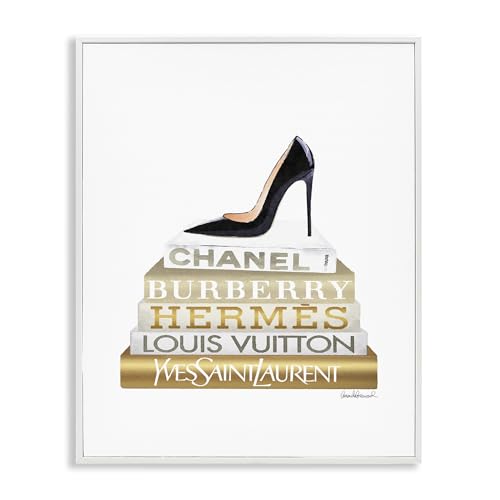 Image of Stupell Industries 'Black Heels Gold White Bookstack', Framed Giclee Art, White, 16 x 20 Inches, Easy to Hang and Sturdy, Made in USA, by Amanda Greenwood | Stupell Industries | White, 16 x 20 Inches, Easy to Hang and Sturdy, Made in USA, by Amanda Greenwood