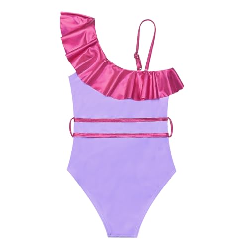 Image of Jxstar Girls One Piece Swimsuit Metallic Ruffle Bathing Suit One Shoulder Swimwear with Decorative Waist Tie & Headband