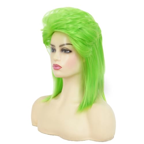Image of Swiking Lime Green Mullet Wigs for Women 80s Hair Natural Layered Shoulder Length Straight Rocker Cosplay Costume Wigs