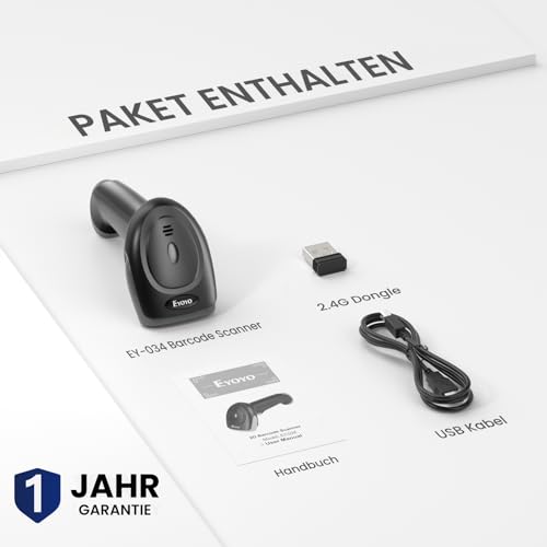Eyoyo QR Code Scanner, 1D/2D Bluetooth Funk Barcode Scanner, 3-in-1 2.4G kabellos/USB Kabel Barcode Lesegerät mit Ladefunktion 2500mAh, Handheld Scanner für Smartphones, Computer Tablets und MAC