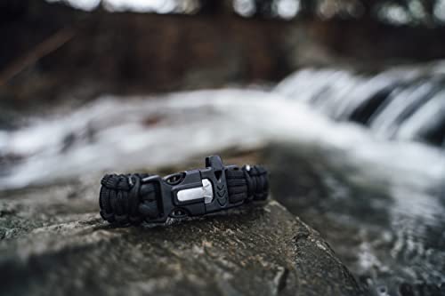 WIKA Survival Armband, Paracord, Feuerstein, Schaber, Signalpfeife, größenverstellbar (Schwarz)