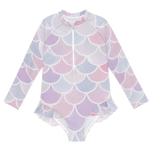 Pink Mermaid Scales Girls Long Sleeve Rashguard Swimsuit UV Protection One-Piece Swimwear Bathing Suit B0405120