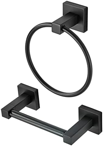 WOLIBEER Black Toilet Paper Holder Towel Ring, Matte Bathroom Hand Towel Holder Toilet Roll Holder, Modern Bath Hardware Set Wall Mounted Stainless Steel 2 Pieces