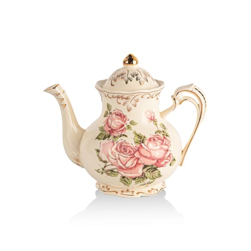 YOLIFE Pink Rose Teapot, Vintage Ivory Ceramic Tea Pot, Floral Teapot with Gold Leaves Trim Design, Gifts for Women - 25oz/ 3 Cup