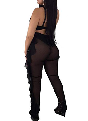 Oluolin Women Sexy Perspective Sheer Mesh Long Pants Hollow Ruffle Bikini Bottom Cover Up Black #TOP2