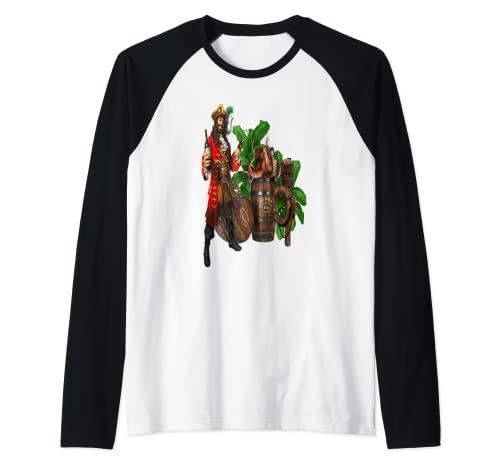 Divertida camiseta de pirata, barriles de vino, pirata, isla, plantas del tesoro Camiseta Manga Raglan