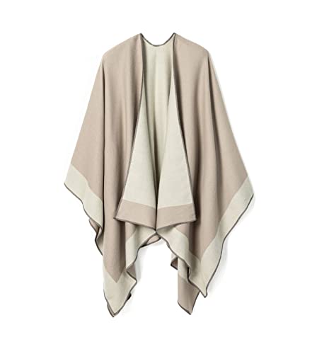 Lallier Damen Schal Wrap Poncho Schal Cape mit offener Vorderseite für Damen, Cardigan Pullover Decke für Frühling Herbst Winter (Zweifarbig - Beige/Hellgrau) Cover