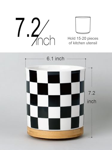Image of LoeJan 3 Compartment Utensil Holder, Extra Large Utensil Crock, Stable Ceramic Utensil Organizer, Cooking Tool Organizer Set for Kitchen Counter Farmhouse Decor (G-Black(Square))