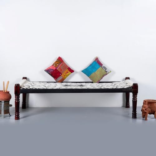Image of Solid Sheesham Wood Charpai Khat | Handcrafted Daybed Khatiya Charpai with Cotton Rope | Traditional Khat Bed Wooden Diwan Cot for Living Room | 6X3 Feet | Black and White