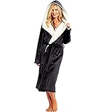 Albornoz de felpa suave y esponjoso para mujer, con capucha, de lujo, acogedor, para invierno, con cinturón, A negro, 5XL