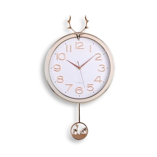 Amazon Brand - Umi Silent Stylish Latest Decorative Home Decor Designer Reindeer Pendulum Wall Clock lolak Big Wall Clock for Living Room Bedroom Home Wall Decoration Gift UC-2822 (White)