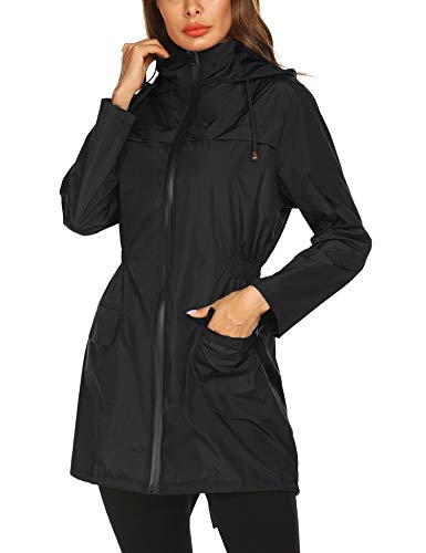 Cycling Rain Jacket Women's Lightweight Hooded Raincoat Waterproof Packable Active Outdoor Long Rain Jacket?Black Zipper