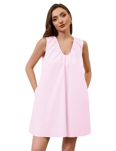 Image of OLAPTA Women Summer Sleeveless Babydoll Scoop Neck Ruched Mini Tank Dress with Pockets