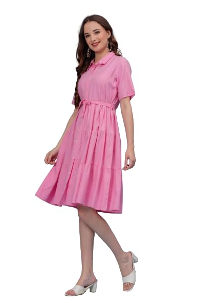 Image of Collar Neck Short Sleeve Stylish Midi Dress for Women | |Western Dresses (Pink)