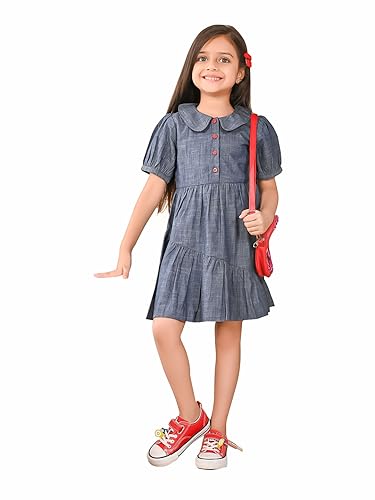 Image of LILPICKS Solid Button Down Drop Waist Denim DressFor Girls (Blue)