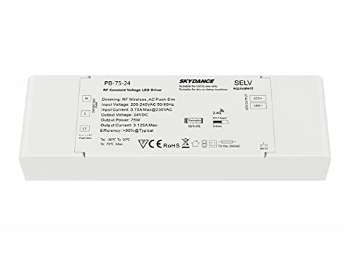 Trasformatore Alimentatore Dimmerabile 24V 75W con Pulsante N.O. Push Dimmer – Compatibile con Telecomando RF 2.4G (non incluso), Per Striscia LED 24V, Skydance PB-75-24
