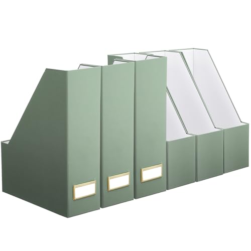 Magazine File Holder Set of 6 Stylish Sturdy Cardboard File Boxes Desk Organizer Beautiful Magazine Holder Rack with Gold Label Holder for Home Office Desktop Bookshelf Classroom(Sage Green)