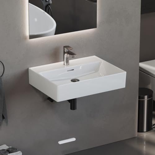Aqua Bagno 60 cm Keramik Waschbecken - eckiges Hängewaschbecken oder Aufsatzwaschbecken mit Hahnloch, dünner Rand, Wandmontage Bad, Weiß