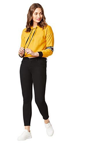Image of Miss Chase Women's Mustard Hooded Full Sleeves Solid Boxy Drawstring Cut-Out Crop Sweatshirt