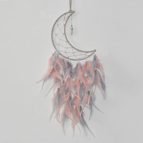 YNR Atrapasueños de luna hecho a mano con plumas coloridas de la suerte turquesa colgante de pared para niños, hogar, dormitorio, decoración de pared, regalo artesanal