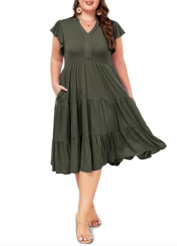 Moon Wood Womens Plus Size V Neck Ruffle Midi Dress 2025 Summer Casual Flowy Tiered Dresses with Pockets