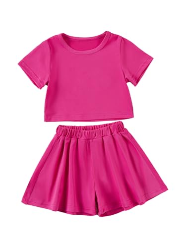 Hansber Kids Girls 2-Piece Solid Color Sports Outfit Round Neck T-shirt with Shorts for Exercise Workout Hot Pink 5-6 Years