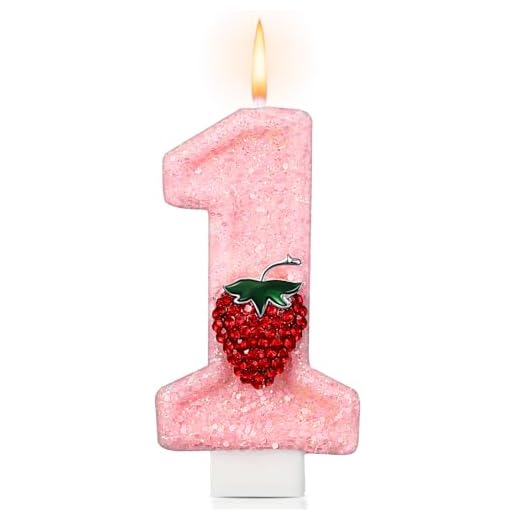 Conelist Strawberry 1 Candle for First Birthday Pink Number 1 Candle Berry One Glitter Cake Topper for Strawberry 1st Birthday Party Supplies Anniversary Decorations