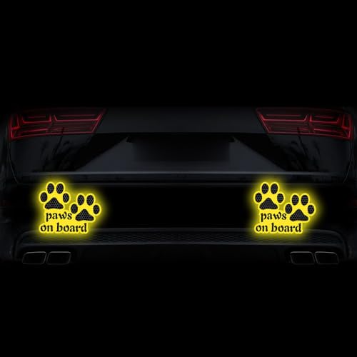 Image of 2pcs Reflective Paw Print Decal Dog Paws on Board Car Window Sticker Safety Warning Sign Stickers Funny Reflective Vinyl Stickers for Car Motorcycles Laptop (Yellow)