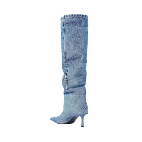 Saint Leia Women's Knee High Boots Pointed Toe Denim 2.76Inch Stiletto Heel Boots3